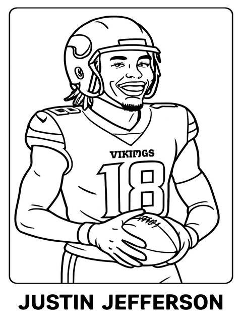 Coloring page of justin jefferson, wearing a vikings jersey, holding a football
