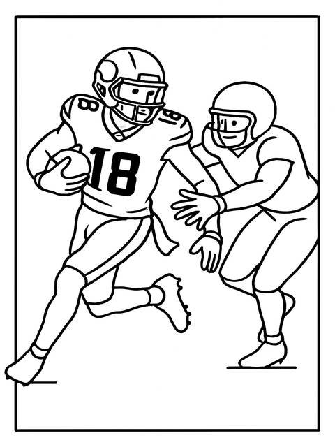 Coloring page featuring two football players, one running with the ball