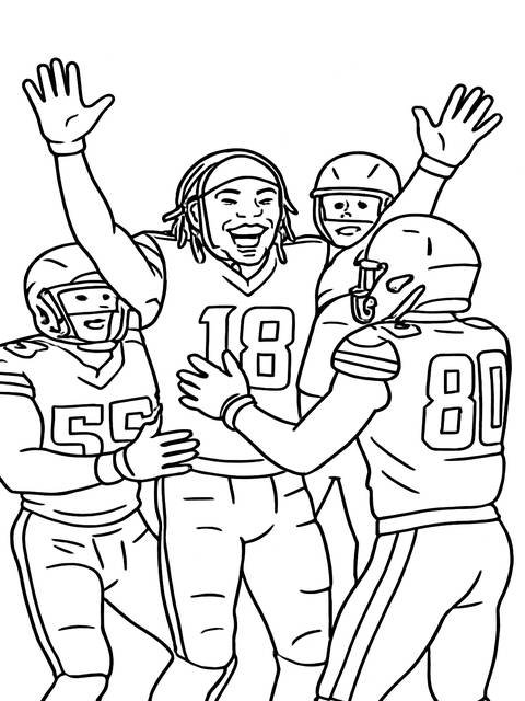 Coloring page featuring justin jefferson and teammates celebrating a football play