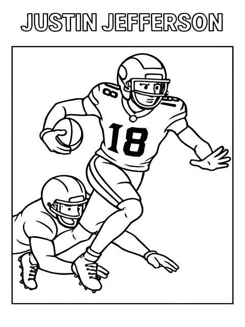 Coloring page depicting justin jefferson in action, holding a football, with another player