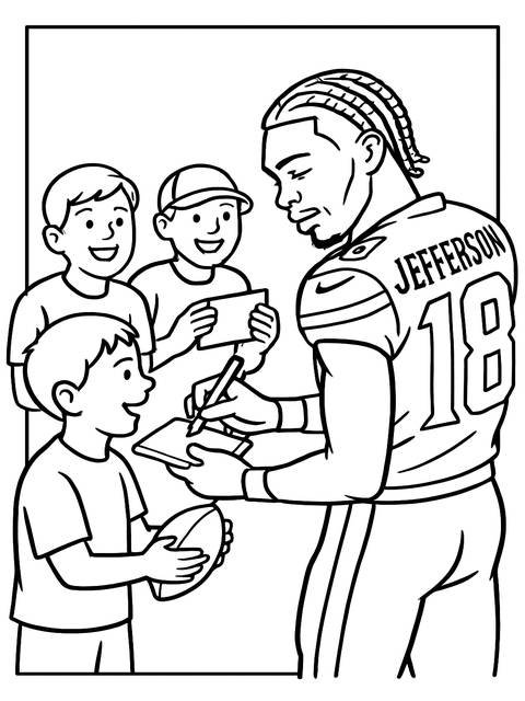 Coloring page of justin jefferson signing autographs for young fans with a football