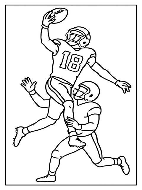 Coloring page of football players, one catching a ball, the other supporting