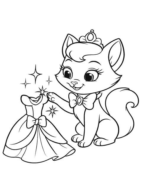 Coloring page of a palace pet cat with a dress and sparkling stars
