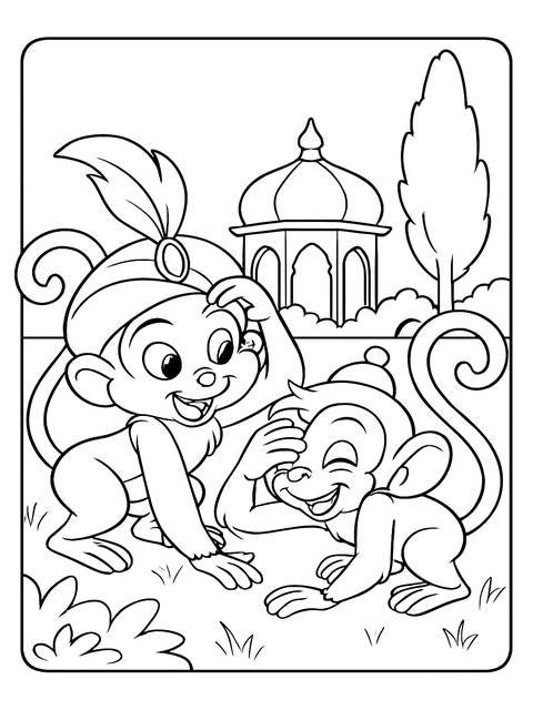 Coloring page of two monkeys playing, with a palace in the background
