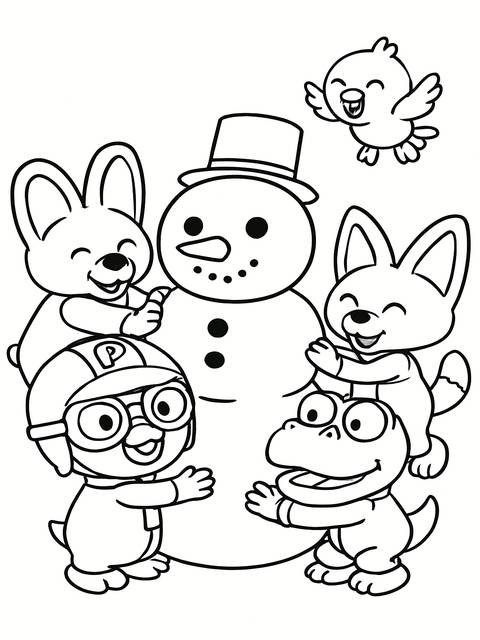 A pororo coloring page featuring a snowman and various pororo characters, ready to color