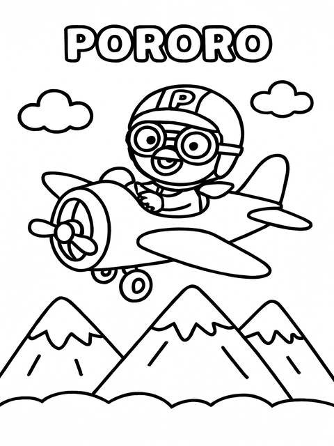Pororo character piloting an airplane, a coloring page idea with mountains and clouds
