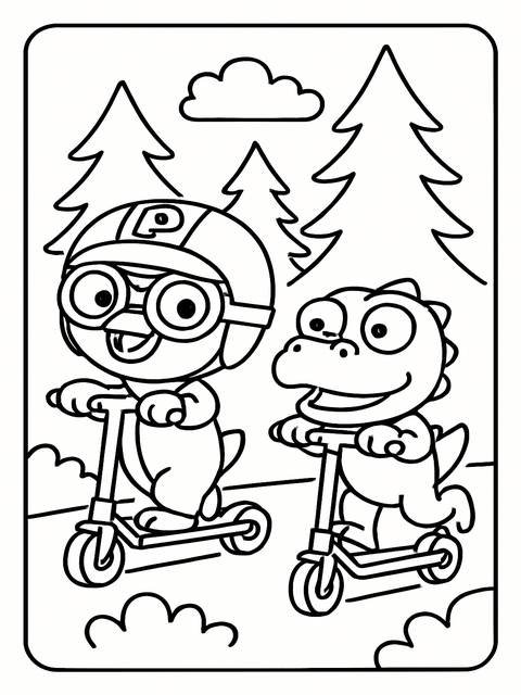 Coloring page featuring pororo characters riding scooters in a simple outdoor scene