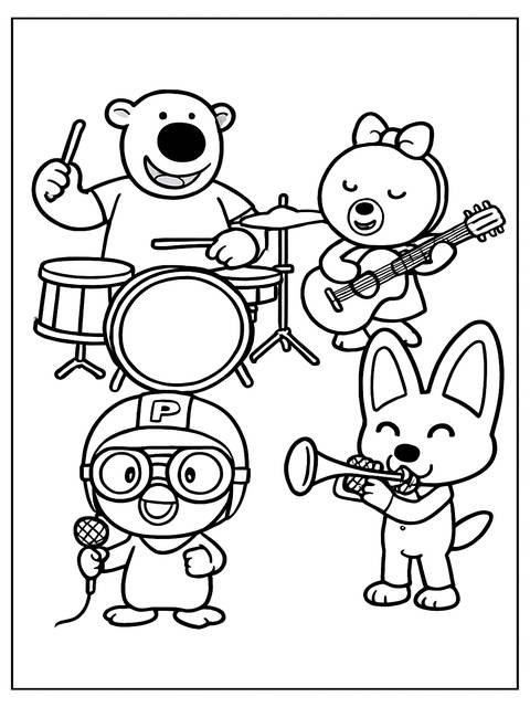 Coloring page featuring pororo characters playing musical instruments in a band
