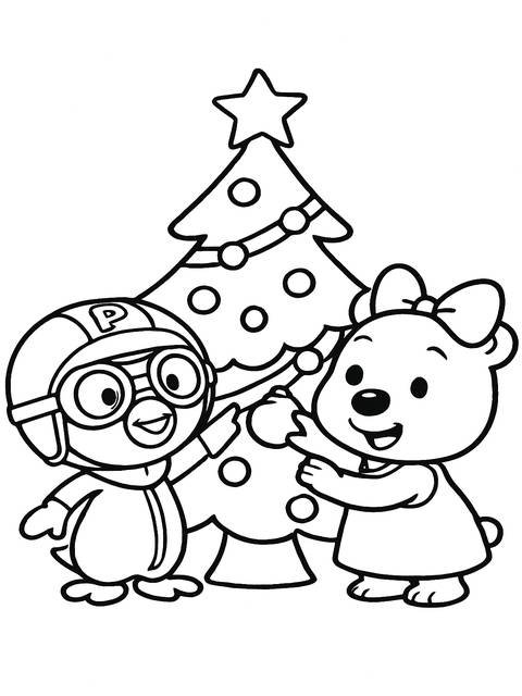 Coloring page featuring pororo and friends decorating a christmas tree, a simple idea