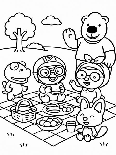 Coloring page featuring pororo characters enjoying a picnic with food and basket