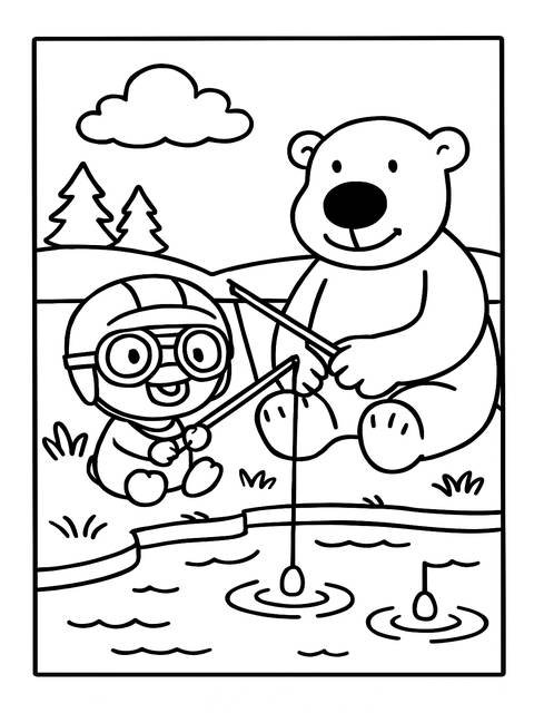 A coloring page featuring pororo and a bear fishing by a lake