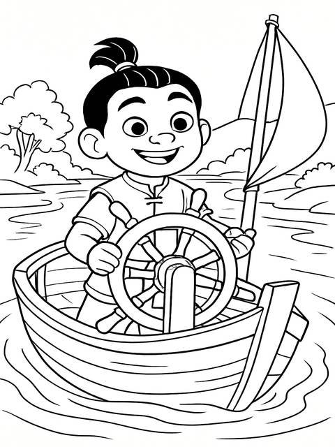 A coloring page of a smiling boy steering a boat, potentially related to raya and the last dragon