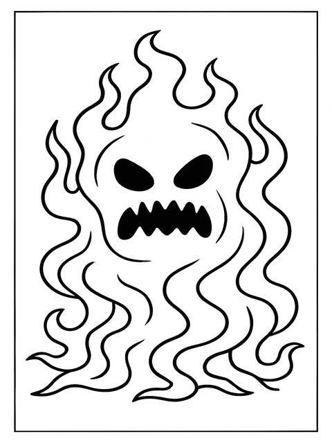 A coloring page outline of a spooky, flame-like monster with a scary face