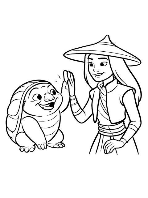 Raya and a turtle-like creature giving a high five, from raya and the last dragon
