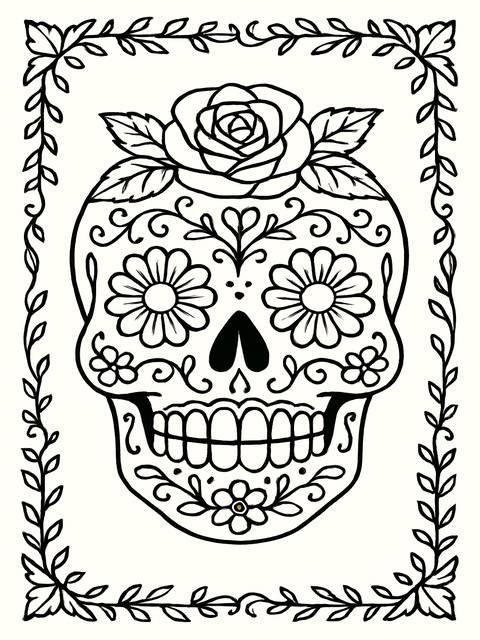 Sugar skull coloring page with floral and decorative elements, framed by leaves