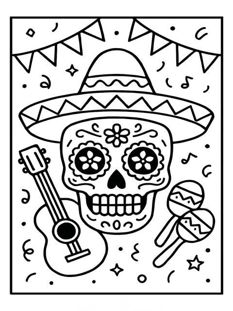 Sugar skull coloring page with sombrero, guitar, and maracas for día de muertos
