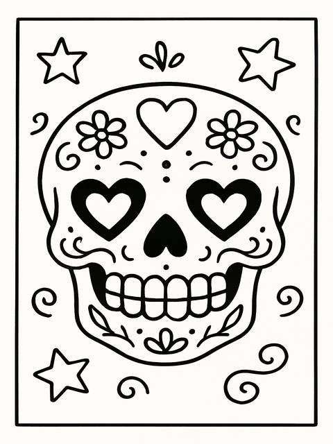 Black and white sugar skull coloring page with hearts, flowers, and stars
