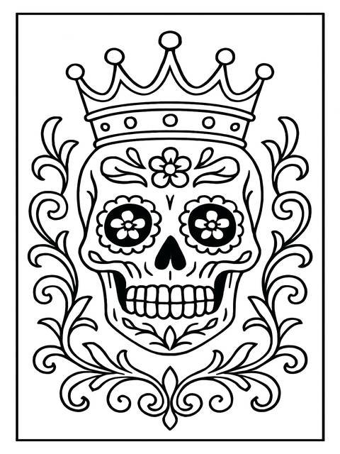 Sugar skull coloring page with crown, floral accents, and intricate details for coloring