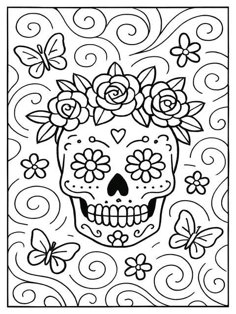 Sugar skull coloring page with flowers, butterflies, and decorative swirls for creative fun