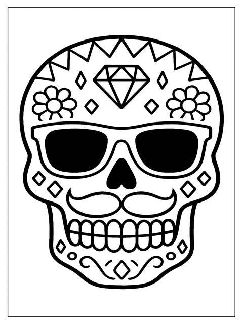 Black and white sugar skull coloring page with sunglasses, diamond, and floral details