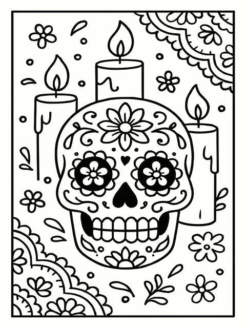 Sugar skull coloring page with candles and floral decorations, perfect for día de muertos