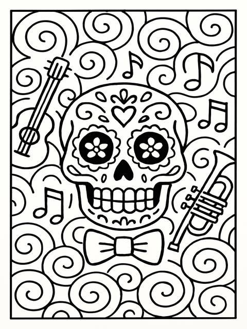 Sugar skull coloring page with musical instruments and decorative swirls, ready to color
