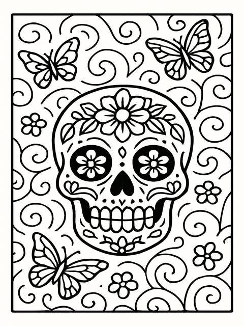 Sugar skull coloring page with butterflies and floral elements, a dia de los muertos design