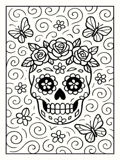 Sugar skull coloring page with butterflies, flowers, and decorative swirls