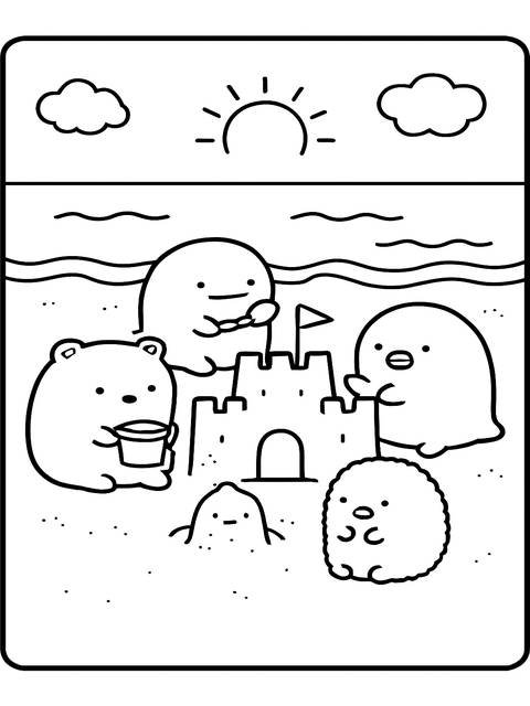 Sumikko gurashi coloring page: characters building a sandcastle at the beach