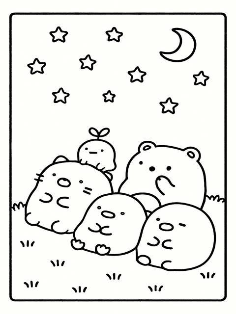Sumikko gurashi coloring page featuring characters under a crescent moon and stars