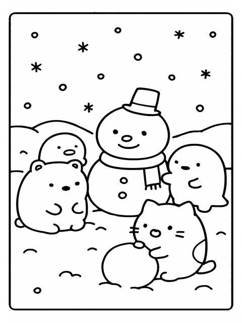 Sumikko gurashi coloring page featuring a snowman and cute characters in a winter scene
