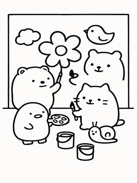 Sumikko gurashi coloring page featuring cute characters painting a flower and scenery