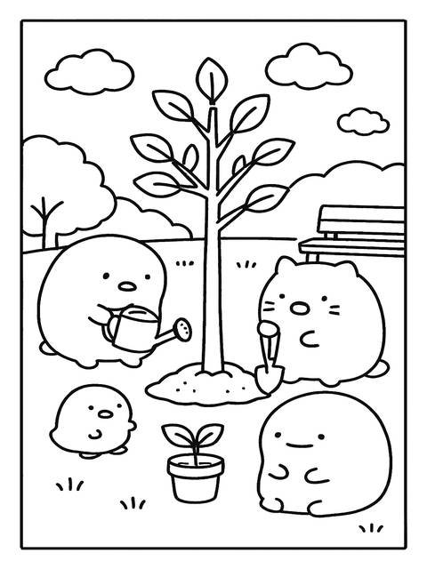 Sumikko gurashi coloring page: characters planting a tree in a park setting