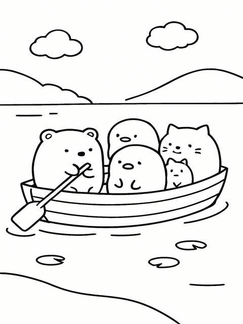 Sumikko gurashi characters in a boat, a coloring page idea, with clouds and water