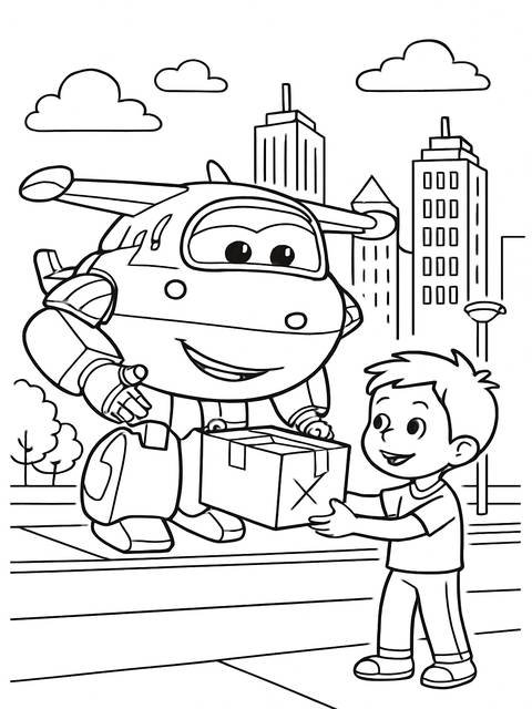 Super wings character delivering a package to a smiling boy in a city scene