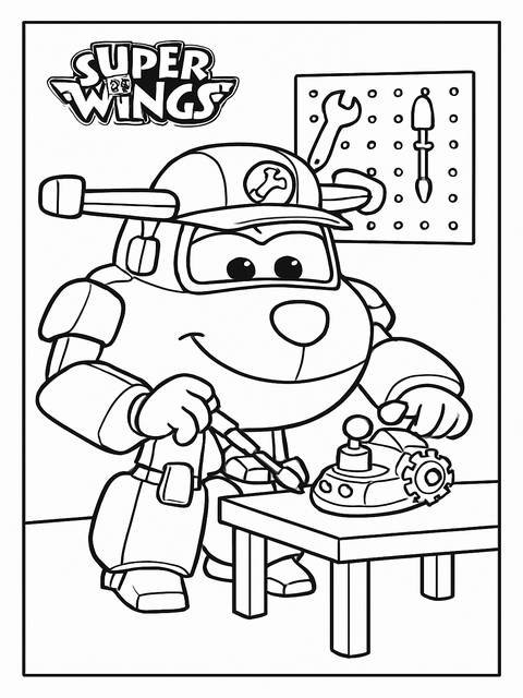 Super wings character coloring page, working on a small vehicle with tools