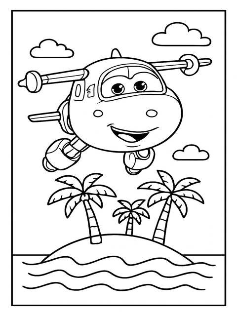 Super wings airplane character flying over an island with palm trees, ready for coloring