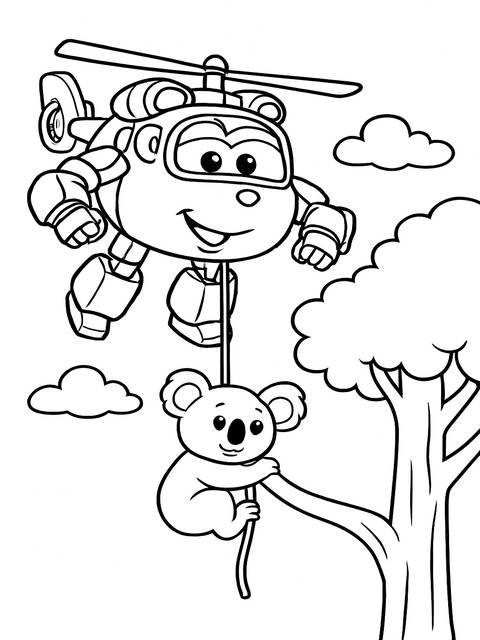 Coloring page of a super wings helicopter with a koala bear hanging from a tree