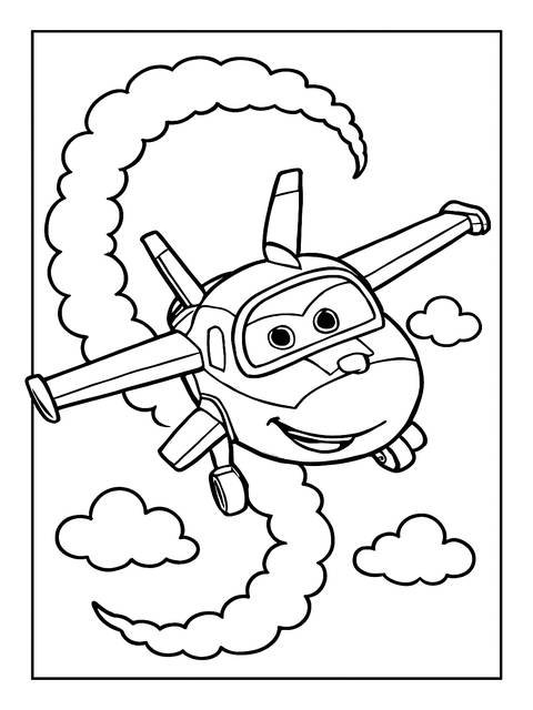 Super wings coloring page: smiling cartoon airplane with smoke trail and clouds