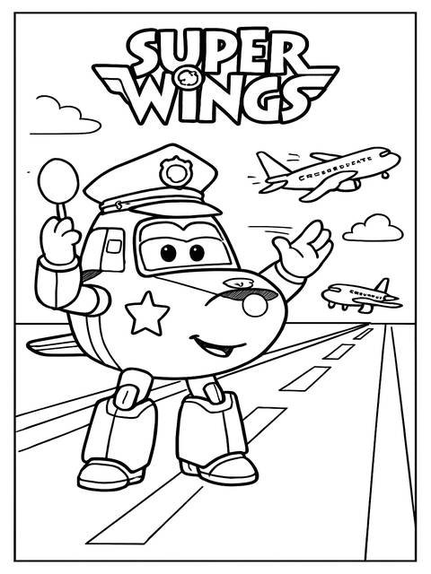 Super wings coloring page: jett character with airplanes on a runway