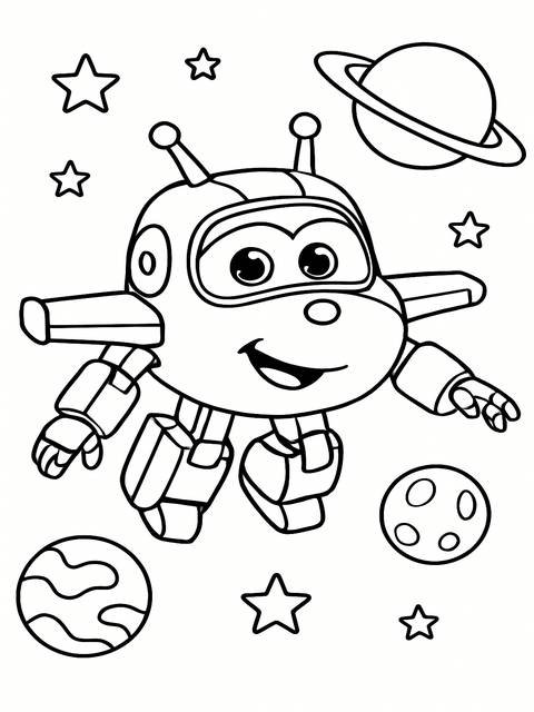 Super wings coloring page featuring a friendly robot in space with planets and stars