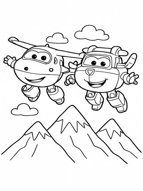 Black and white coloring page featuring super wings characters flying over mountains and clouds