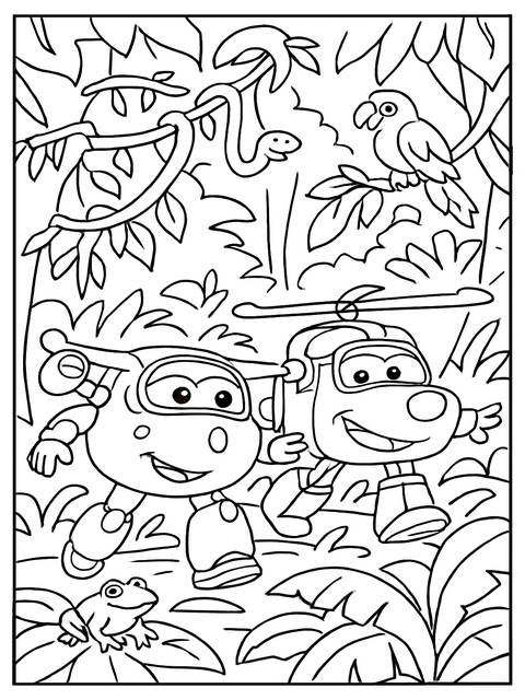 Super wings coloring page featuring characters, a parrot, snake, and frog in a jungle