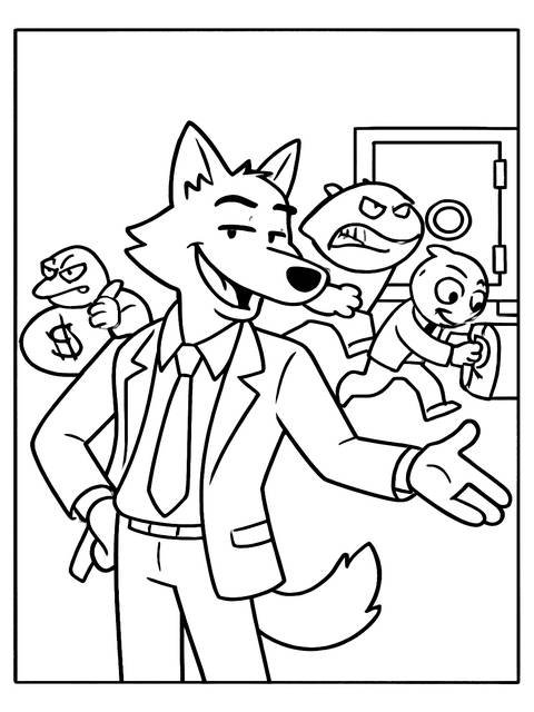 Coloring page featuring characters from 'the bad guys' cartoon, including mr. wolf