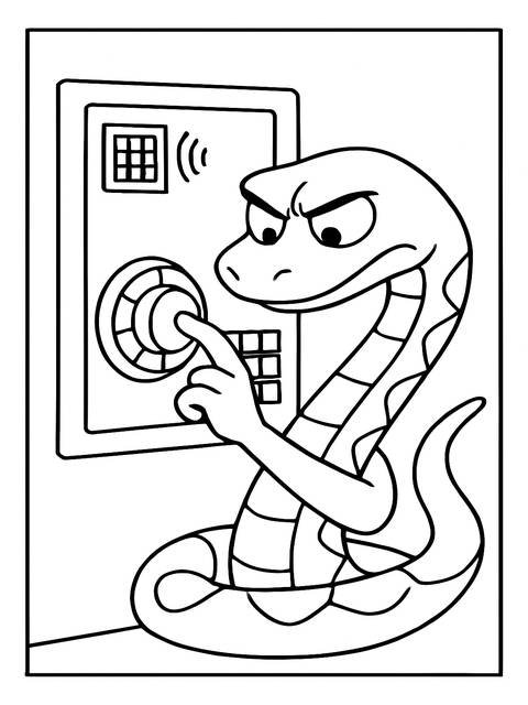 A 'bad guys' coloring page: a snake character attempting to open a safe
