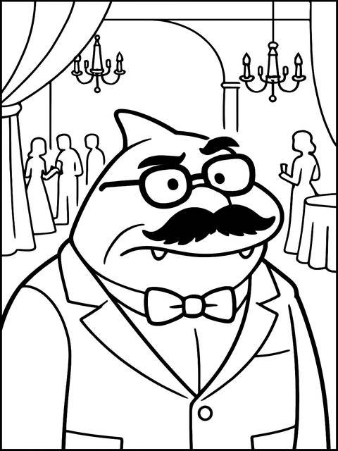Coloring page of mr. shark from the bad guys, wearing a tuxedo at an event