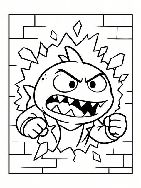 A 'bad guys' coloring page depicting a character breaking through a brick wall