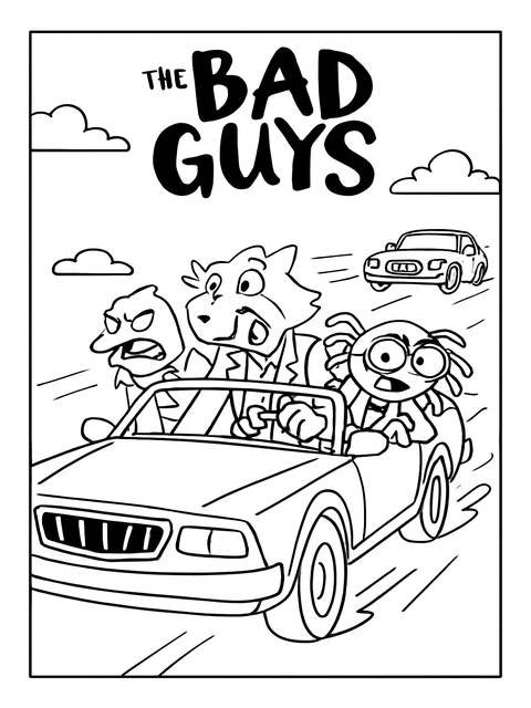 Coloring page of the bad guys characters in a car, ready for adventure