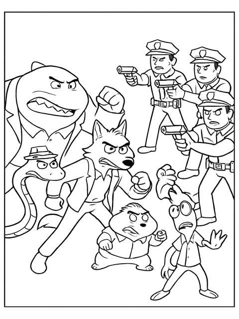 Coloring page of the bad guys characters facing off against police officers with guns