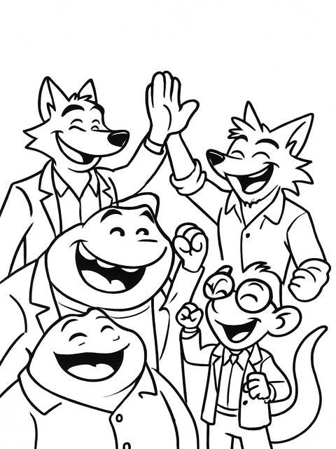 Black and white coloring page of the bad guys characters giving high fives